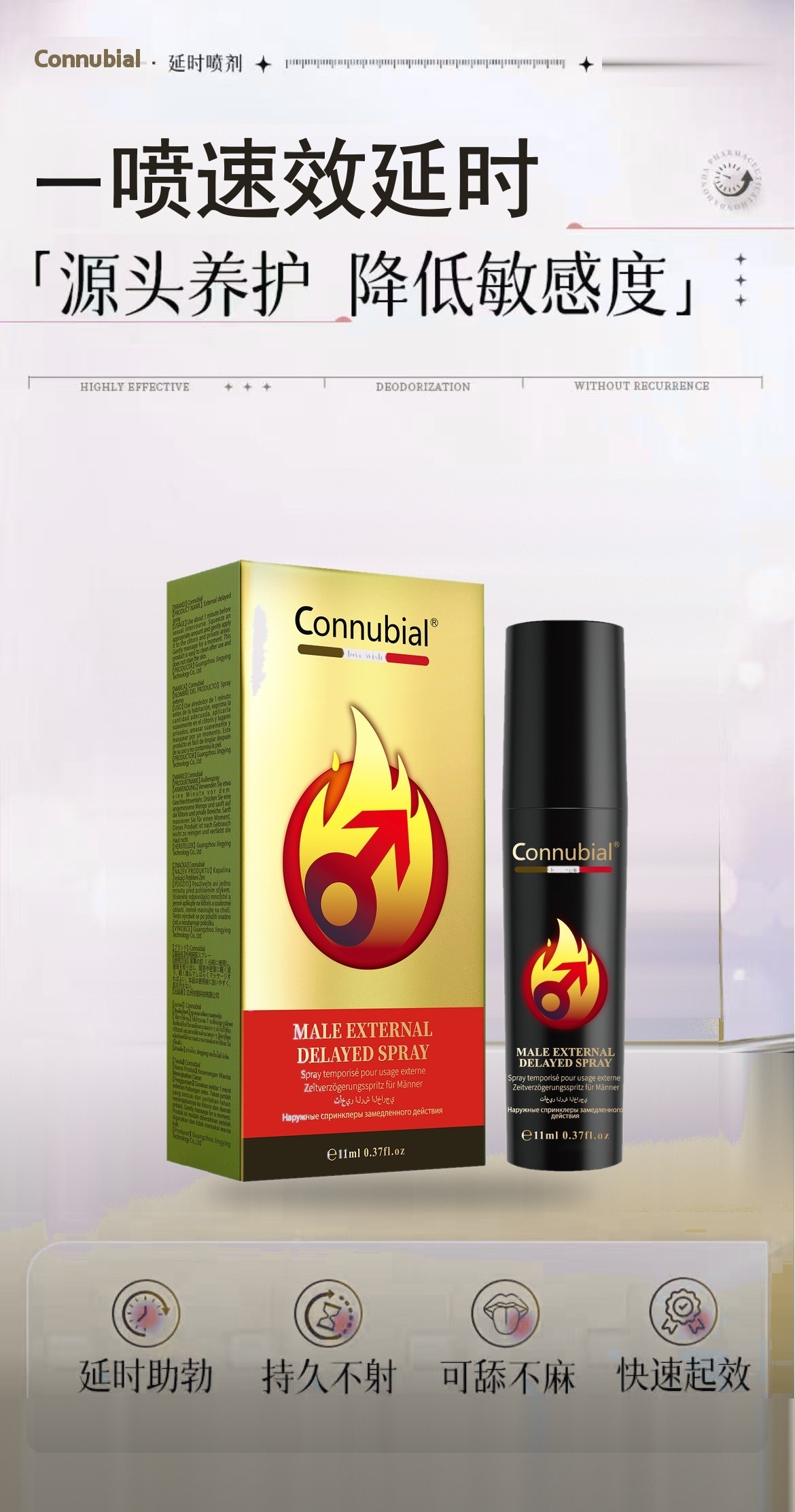 Connubial 延时喷剂产品主图：金色包装盒与黑色喷雾瓶