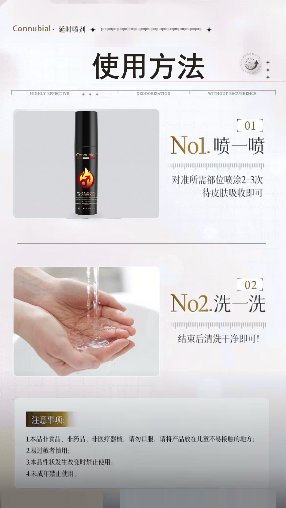 使用方法图示：No.1 喷一喷，No.2 洗一洗，以及注意事项